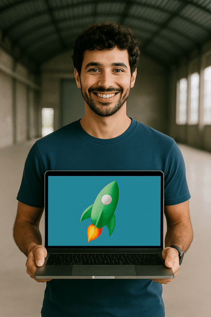 Emprendedor mostrando proyecto en laptop