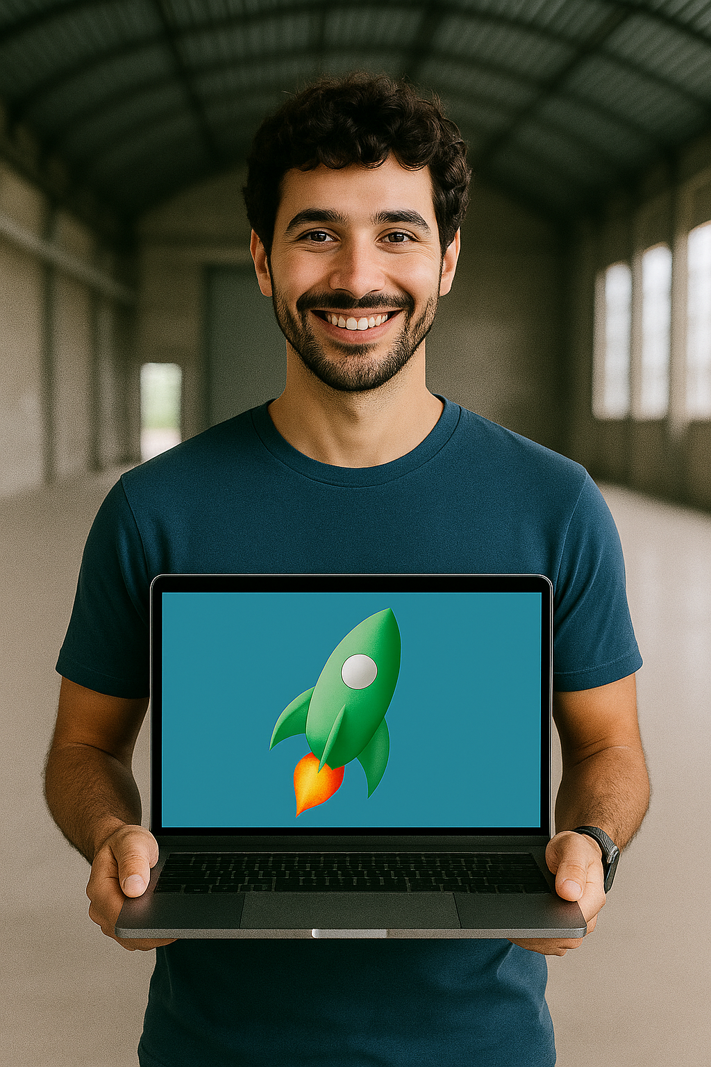 Emprendedor mostrando su proyecto en laptop