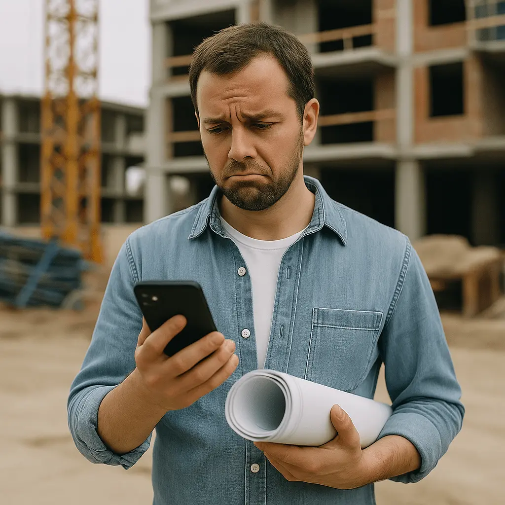 Hombre en construcción con planos