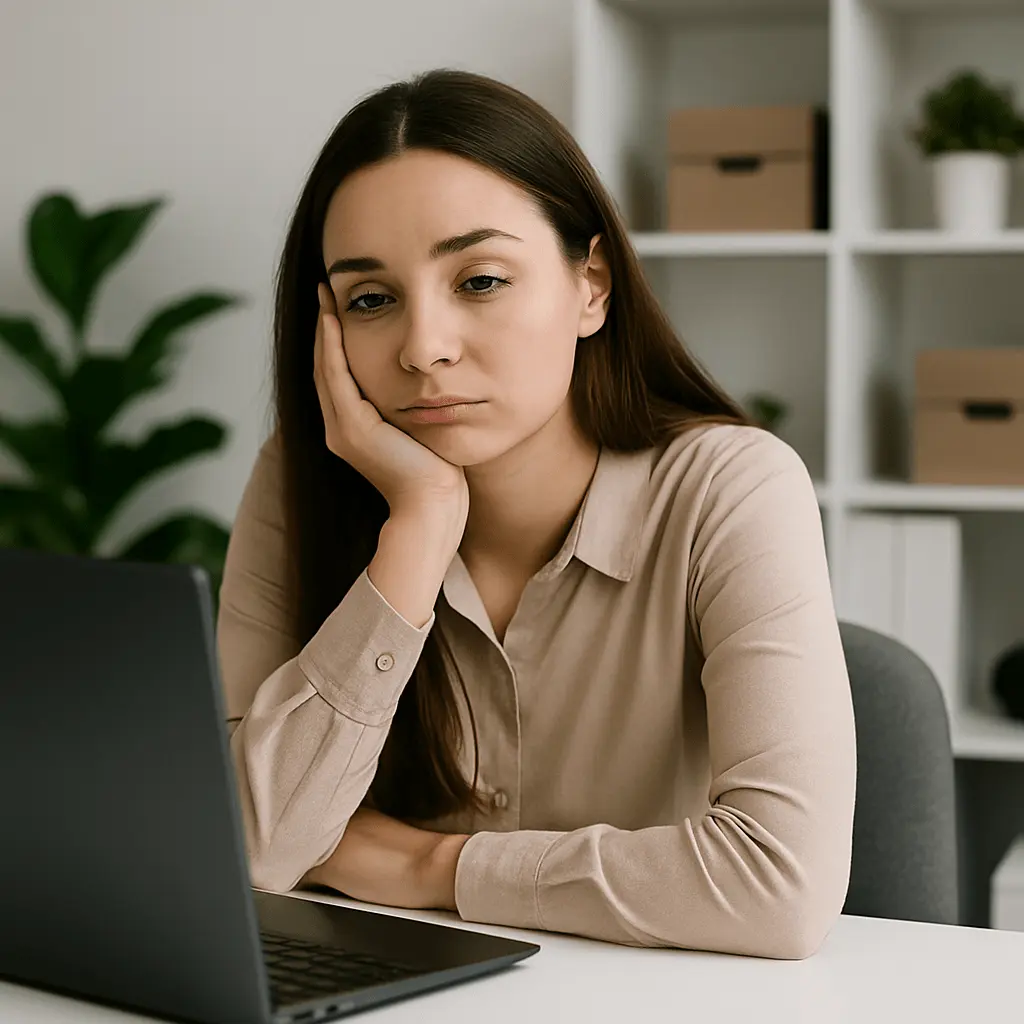 Mujer aburrida en oficina minimalista
