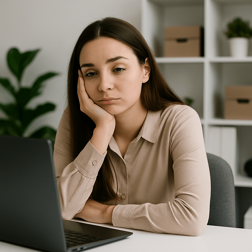 Mujer aburrida en oficina minimalista