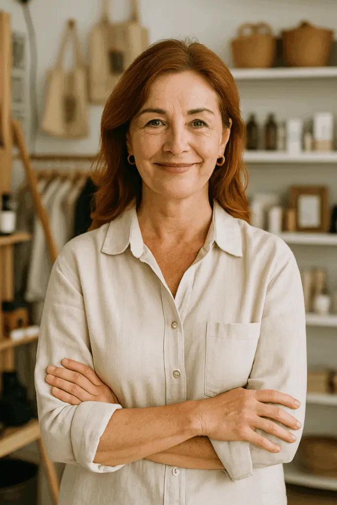 Mujer sonriente en boutique acogedora